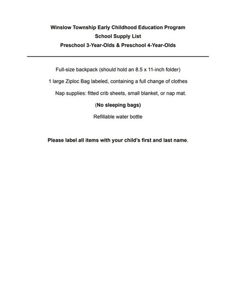 Preschool Supply List 